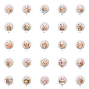 May include: Twenty-five illustrated ceramic buttons featuring a piglet sitting in a basket with various floral and fruit designs. The buttons are numbered 1 through 25.