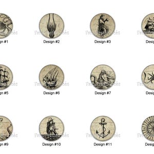 May include: A collection of twelve round, vintage-style designs featuring nautical and sea-themed illustrations. Designs include an octopus, squid, mermaid, sailing ships, anchor, and a ship's wheel. Each design is labeled with a number.
