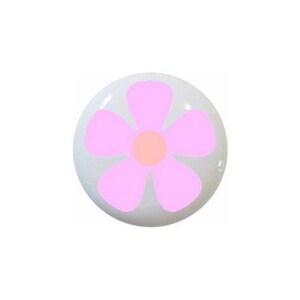 May include: Five round buttons with a flower design. The flowers are in different colors: light blue, green, pink, light pink, and yellow. Each flower has a center circle in a contrasting color.