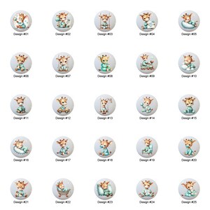 May include: A collection of 25 round, light blue buttons, each featuring a watercolor illustration of a giraffe in various poses. The designs include giraffes with balloons, on swings, and in beds. Each button is labeled with a design number.
