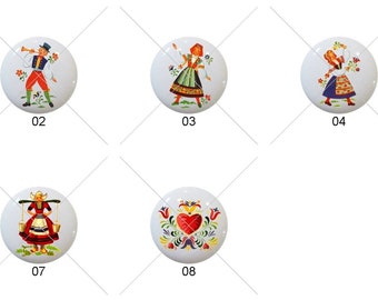 Dutch Boy Girl Ceramic Dresser Knobs: Folk Art Drawer Pulls (1.5 inch)