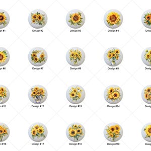 May include: Twenty different designs of sunflower themed ceramic knobs. Each knob features a different arrangement of sunflowers in various shades of yellow and green.