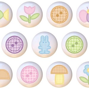 May include: Twelve ceramic knobs with various designs, including a fish, flower, button, butterfly, bear, rabbit, heart, turtle, mushroom, and flower. The knobs are white with colorful gingham patterns.
