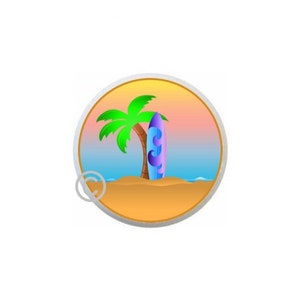 May include: A colorful illustration of a palm tree on a beach with a surfboard leaning against it. The background is a sunset with pink, orange, and blue colors.