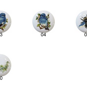 May include: Set of 7 ceramic knobs with various floral and bird designs. The knobs are white with blue and green accents. The designs include a bluebird, a bee, and various floral arrangements.