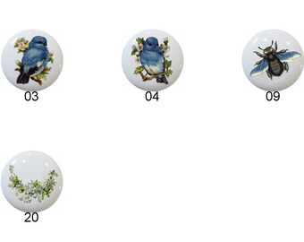 Forget Me Not Ceramic Dresser Knobs: Blue Flowers, Bird, Bee