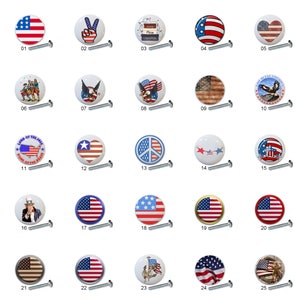 May include: Twenty-five different ceramic knobs with various American flag designs, including peace signs, eagles, and stars. The knobs are white with a silver screw.