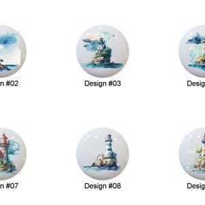 May include: A collection of ten white ceramic cabinet knobs, each featuring a watercolor design of a lighthouse. The knobs are numbered from Design #01 to Design #10. The lighthouses are depicted on rocky islands with blue and green accents.