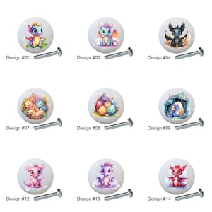 May include: Fifteen different ceramic drawer knobs with colorful dragon designs. Each knob features a different dragon with various colors and poses. The knobs are round and have a screw hole in the back.
