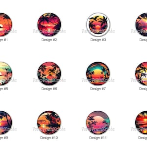 May include: A collection of twelve round cabinet knobs featuring sunset designs. Each knob showcases a vibrant sunset scene with palm trees, water, and a colorful sky. The text "Farm Fresh Knobs" and design numbers are visible.