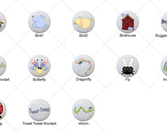 Birdies n' Bugs Country Clip Art by DIGISCRAPS Images on White Decorative Glossy Ceramic Cabinet PULLS Dresser Drawer KNOBS