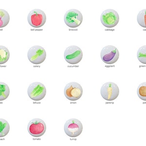 Vegetables by PeachyCottonCandy Images on 1.5" White Decorative Glossy CERAMIC Cabinet PULLS Dresser Drawer KNOBS