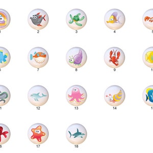 May include: Set of 18 ceramic tiles featuring colorful cartoon sea creatures, including a clam, fish, turtle, crab, octopus, starfish, and more. Each tile is approximately 2 inches in diameter.