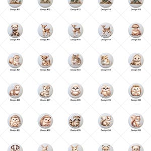 May include: Fifty illustrated designs featuring woodland animals, including a fox, owl, deer, raccoon, hedgehog, squirrel, and bear. The designs are in a circular format and are perfect for crafting projects.