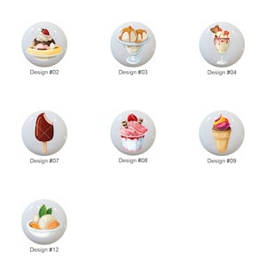 May include: Twelve different designs of ice cream and frozen treats on a white background. The designs include a sundae, a banana split, a dish of ice cream, a cone, a popsicle, and an ice cream sandwich.