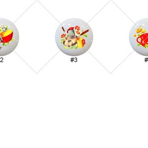 May include: Six different ceramic knobs with colorful kitchen-themed designs. The designs include a rolling pin, a mixing bowl, a coffee pot, a teacup, a whisk, and a measuring cup.