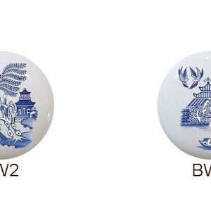 May include: Four round ceramic knobs with a blue and white design featuring a Chinese landscape scene. The knobs are labeled BW1, BW2, BW3, and BW4.