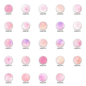 May include: A collection of 24 watercolor designs in a circular shape, each with a unique blend of pink, peach, and purple hues. Each design is labeled with a number from 01 to 24, offering a variety of color palettes.