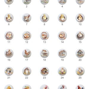 May include: A set of 30 ceramic knobs featuring various spring-themed designs, including roosters, chicks, eggs, and farmhouses. The knobs are white with colorful painted details.