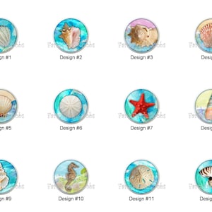 May include: A collection of twelve round designs featuring various sea creatures and shells. Each design is set against a watercolor background of blues and greens. Designs include seashells, starfish, and a seahorse.