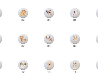 May include: Fifteen different dog breed illustrations on white ceramic knobs. Each knob features a different dog breed, including a Yorkshire Terrier, Pomeranian, Pug, French Bulldog, Maltese, Schnauzer, Dachshund, Bulldog, Chihuahua, Papillon, Beagle, Shih Tzu, Golden Retriever, and a Shih Tzu with a pink bow.