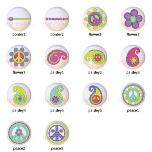 May include: Twelve different designs of round ceramic knobs with various peace sign, paisley, and flower patterns in pink, green, blue, and yellow colors.  The knobs are white with a glossy finish.