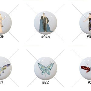 May include: Ten ceramic tiles with various designs. The tiles feature images of women in vintage clothing, peacocks, and butterflies. The tiles are white with a light blue border.