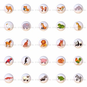 May include: Set of 20 colorful ceramic knobs featuring various farm animals, including a camel, cow, dog, dolphin, duck, elephant, fox, frog, giraffe, horse, kangaroo, lion, mouse, panda, parrot, penguin, pig, rabbit, rooster, and zebra.