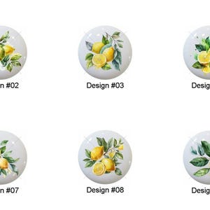 May include: A collection of ten white ceramic cabinet knobs, each featuring a watercolor design of lemons and green leaves. Each knob is labeled with a design number from #01 to #10.
