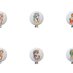May include: Ten different designs of ceramic knobs featuring a unicorn with a floral crown. Each knob is white with a colorful unicorn design.