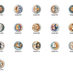 May include: Sixteen different designs of round ceramic tiles featuring a sun and moon motif. Each tile has a unique design with different colors and patterns. The tiles are all white with a blue background and feature a sun and moon with a variety of colors and patterns.