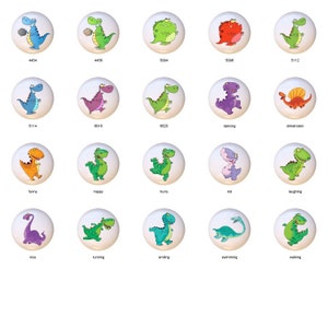 May include: Set of 15 ceramic knobs featuring cartoon dinosaurs in various colors and poses, including dancing, laughing, swimming, and running. Each knob has a white background and a black outline.