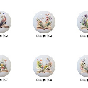 May include: A collection of ten white cabinet knobs, each featuring a watercolor design of an open book with colorful flowers and butterflies. Each knob is labeled with a design number from #01 to #10.