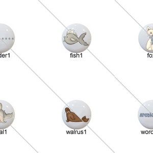 May include: Set of 9 blue and white round ceramic ornaments with various winter animal illustrations, including a bear, fish, fox, hare, seal, walrus, and a glacier. The ornaments have a white background with blue dots around the edge.