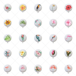 May include: A set of 70 round ceramic tiles with various tropical designs, including flamingos, toucans, flowers, and plants. The tiles are white with a glossy finish.