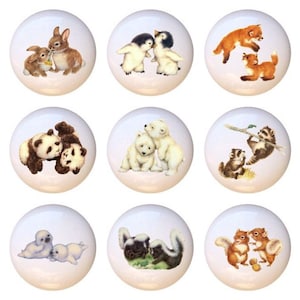 Set of 9 - Animals Two by Two Animal Ceramic Drawer Pull Cabinet Knobs