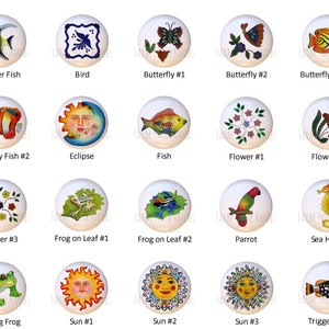 May include: A set of 20 ceramic knobs featuring various colorful designs, including a banner fish, bird, butterfly, fish, flower, frog, parrot, seahorse, and sun. The knobs are perfect for adding a touch of whimsy to any room.
