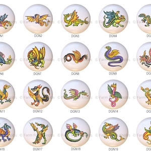 May include: Twenty white ceramic round knobs with colorful dragon designs. Each knob features a different dragon design with various colors, including red, green, blue, yellow, and purple.