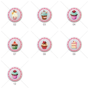 May include: Twelve different cupcake designs on white backgrounds with pink scalloped borders. Each cupcake has a different topping and frosting color. The cupcakes are numbered 1 through 12.
