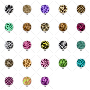 May include: A collection of 23 round animal print designs. The patterns include zebra stripes, leopard spots, and tiger stripes in various colors such as black, brown, pink, purple, and green. Each design is numbered from 01 to 23.