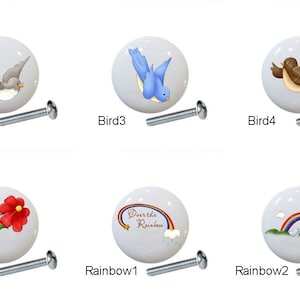 May include: Assortment of ceramic drawer knobs featuring various bird, flower, and rainbow designs. The knobs are white with colorful painted details. Each knob includes a silver screw.
