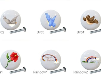 Bird & Rainbow Ceramic Drawer Pulls: Country Style Knobs (1.5 inch)