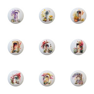 May include: Twelve round ceramic tiles with images of doors adorned with flowers and vines. Each tile features a different floral arrangement and door style.