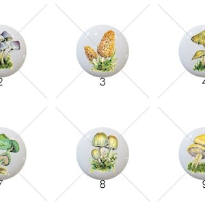 May include: Set of nine ceramic knobs featuring various mushroom illustrations. Each knob is white with a different mushroom design, including red and white, yellow, green, and purple mushrooms.
