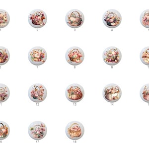 May include: Set of 18 ceramic cabinet knobs featuring a fall harvest theme. Each knob depicts a basket overflowing with pumpkins, gourds, and fall foliage in shades of orange, pink, and brown.