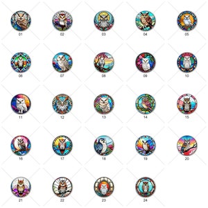 May include: Twenty-four round stained glass designs featuring owls in various colors and poses. Each design is framed in a silver circle with a black outline.