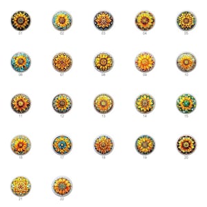 May include: Twenty-two round ceramic knobs with sunflower designs in various colors, including yellow, green, and blue. The knobs are numbered 1 through 22.
