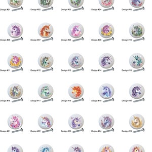 May include: Thirty different designs of ceramic drawer knobs featuring a unicorn with various floral and whimsical patterns. Each knob is approximately 1 inch in diameter and comes with a screw.
