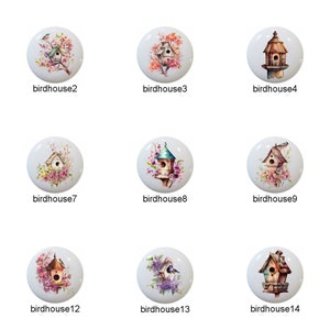 May include: A set of 14 ceramic birdhouse knob pulls with various designs. Each knob features a birdhouse with a different color scheme and floral accents. The knobs are perfect for adding a touch of whimsy to any room.