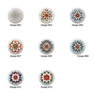 May include: Thirteen different mandala designs with intricate patterns in shades of blue, red, white, and gold. Each design is displayed on a white background.